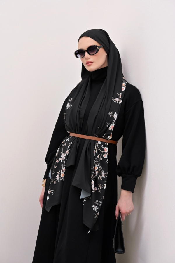 Mimelif İpeksi Sakura Desenli Şal Siyah