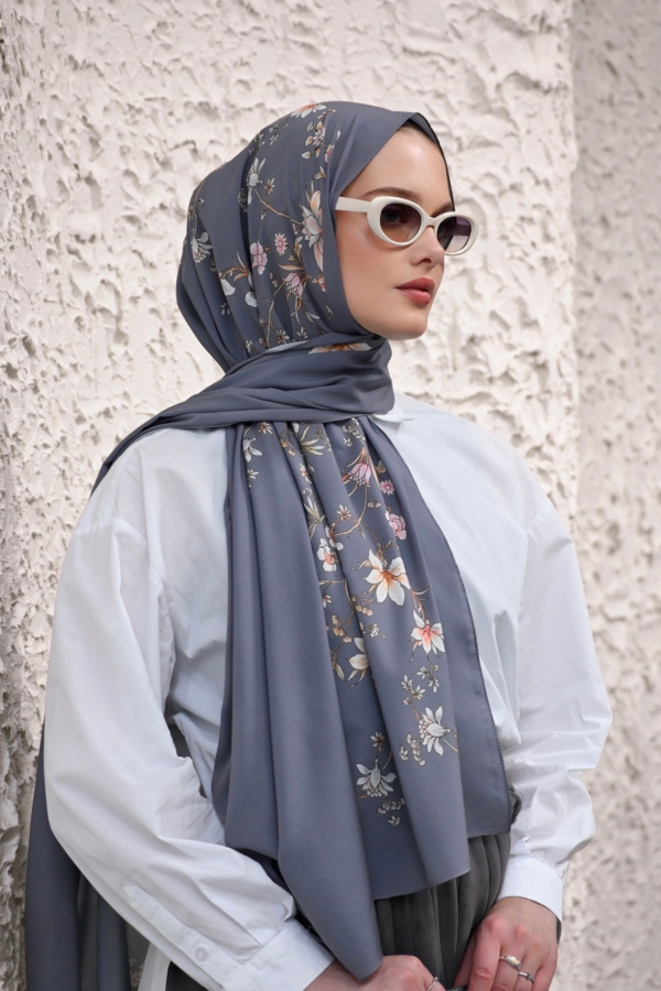 Mimelif İpeksi Sakura Desenli Şal Gri