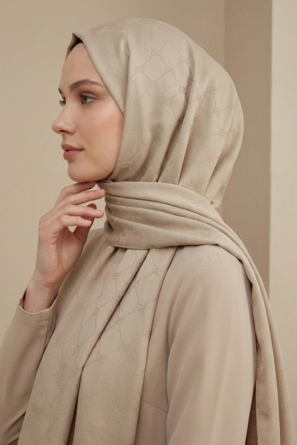 Jakarlı Monogram Desenli Şal Kum Beji