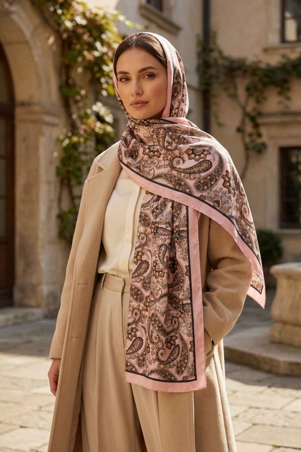 Dilruba Pamuk Vual Desenli Şal Pudra