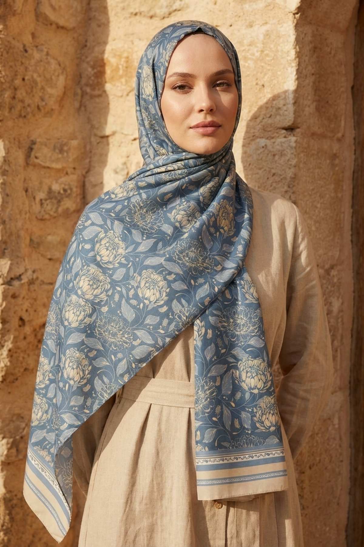 Mimelif Floral Pamuk Vual Desenli Şal Mavi