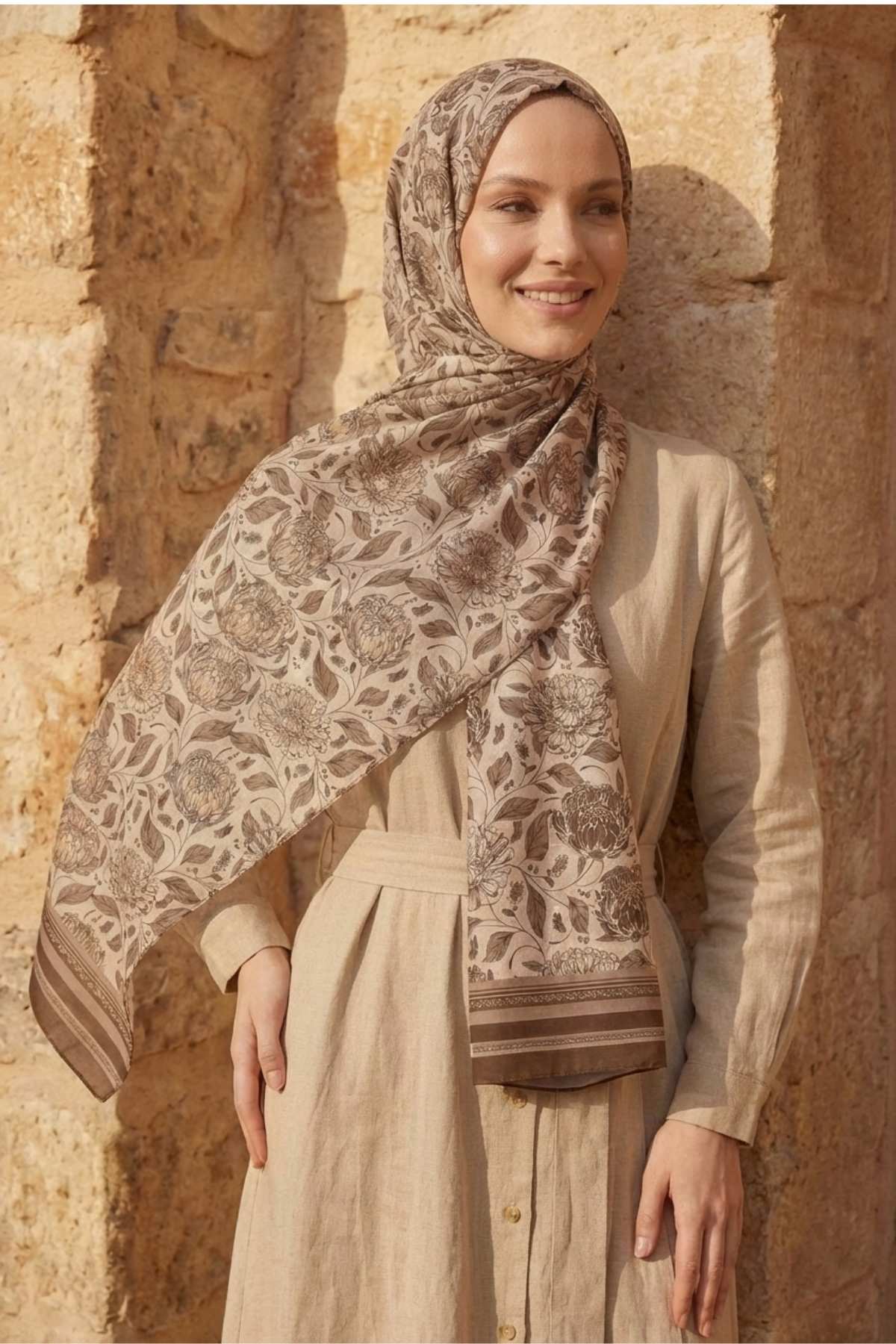 Mimelif Floral Pamuk Vual Desenli Şal  Kahve