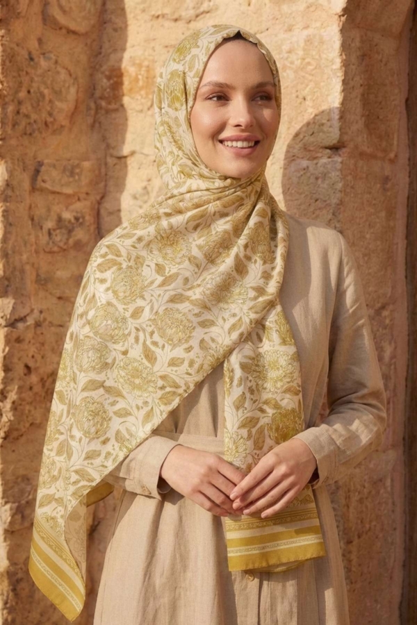 Mimelif Floral Pamuk Vual Desenli Şal  Hardal