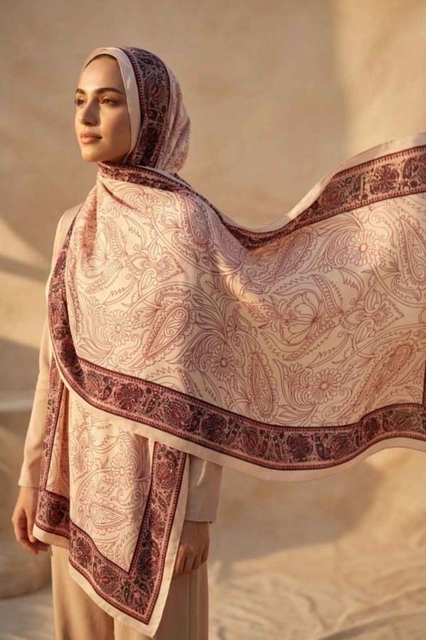 Mimelif Şehnaz İpeksi Desenli Şal Krem