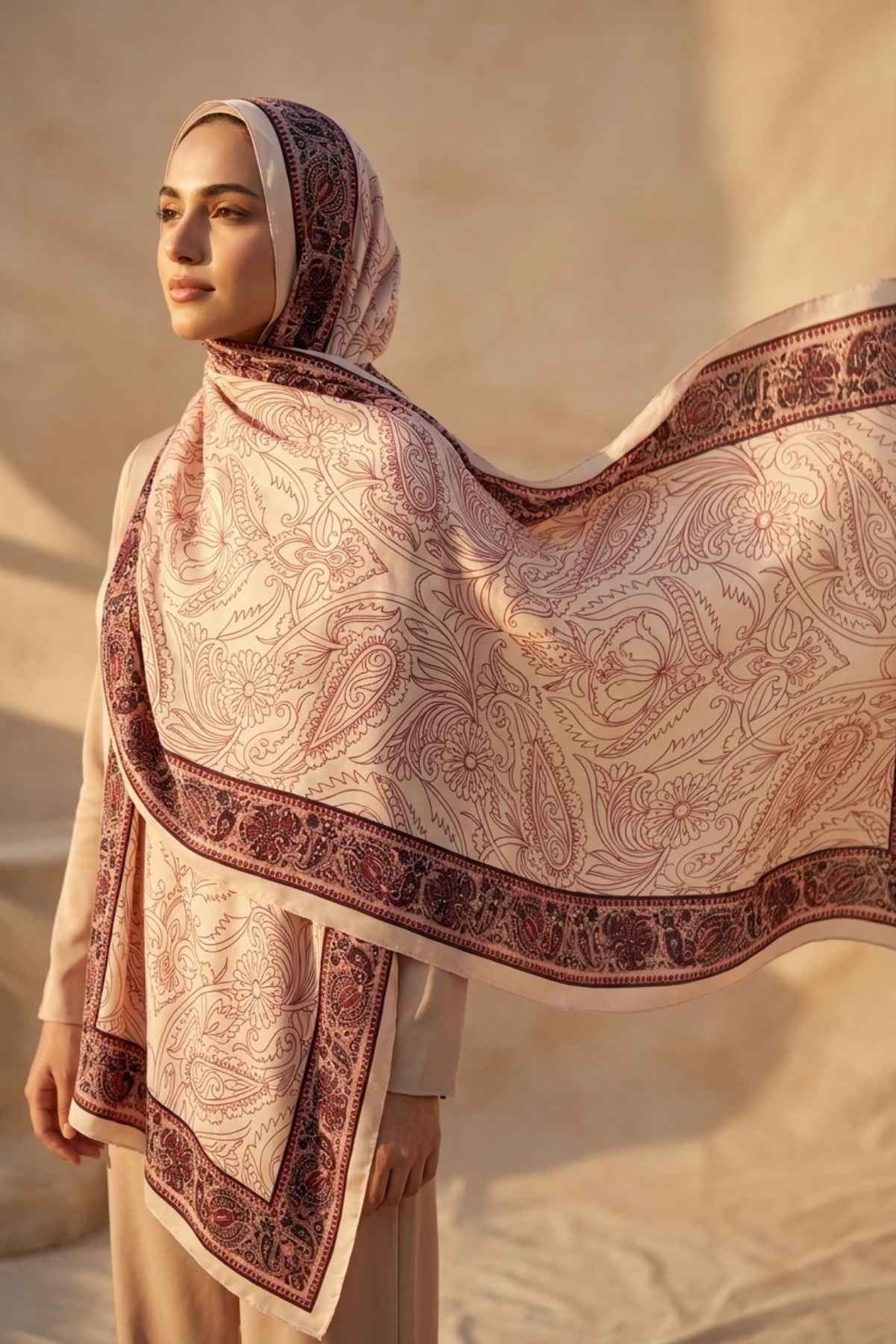 Mimelif Şehnaz İpeksi Desenli Şal Krem