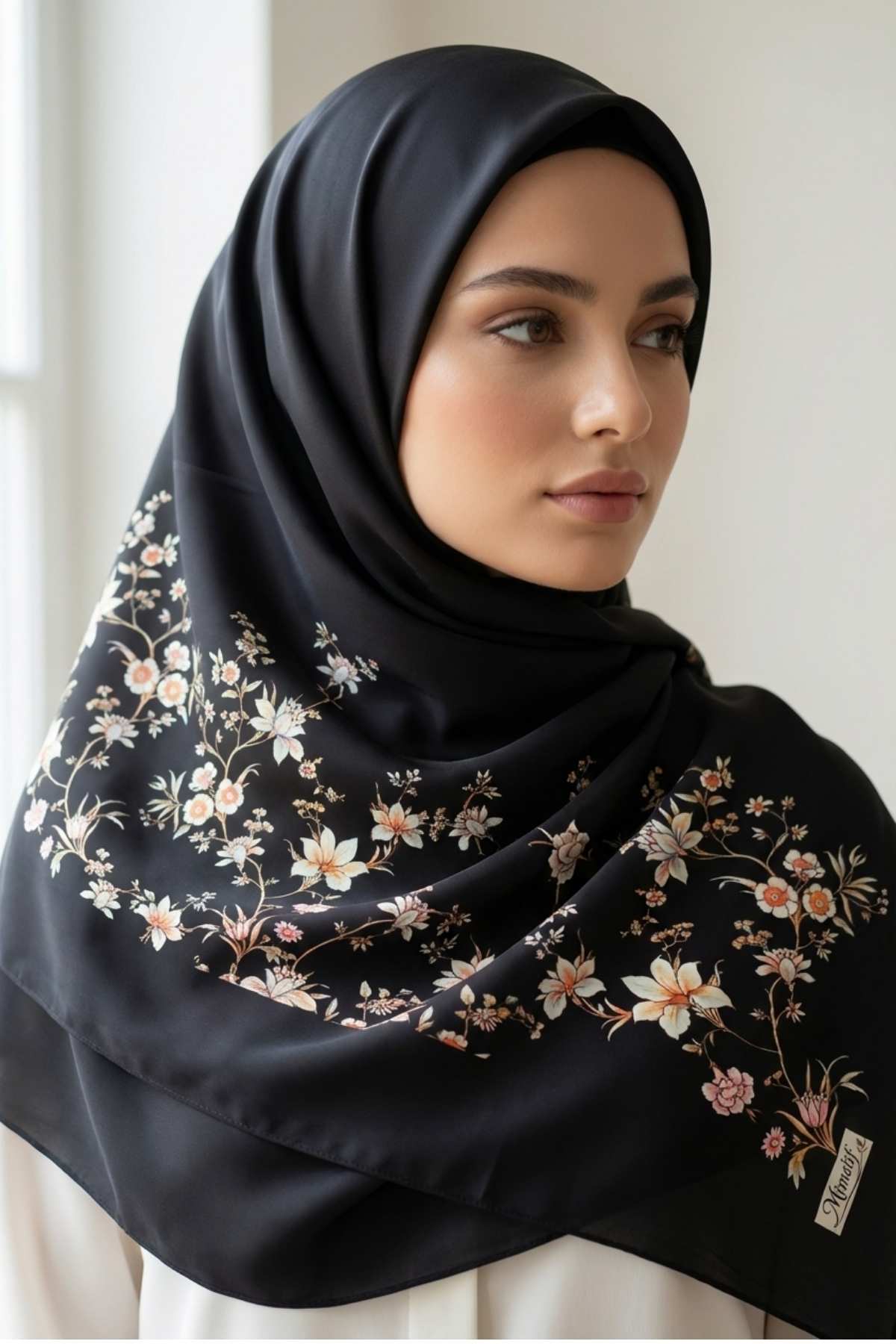 Mimelif İpek Sakura Desenli Şal Siyah