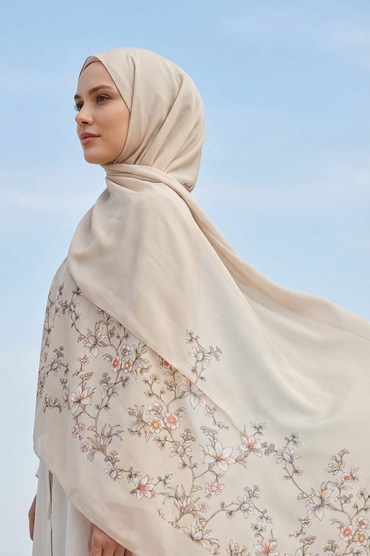 Mimelif İpek Sakura Desenli Şal Krem