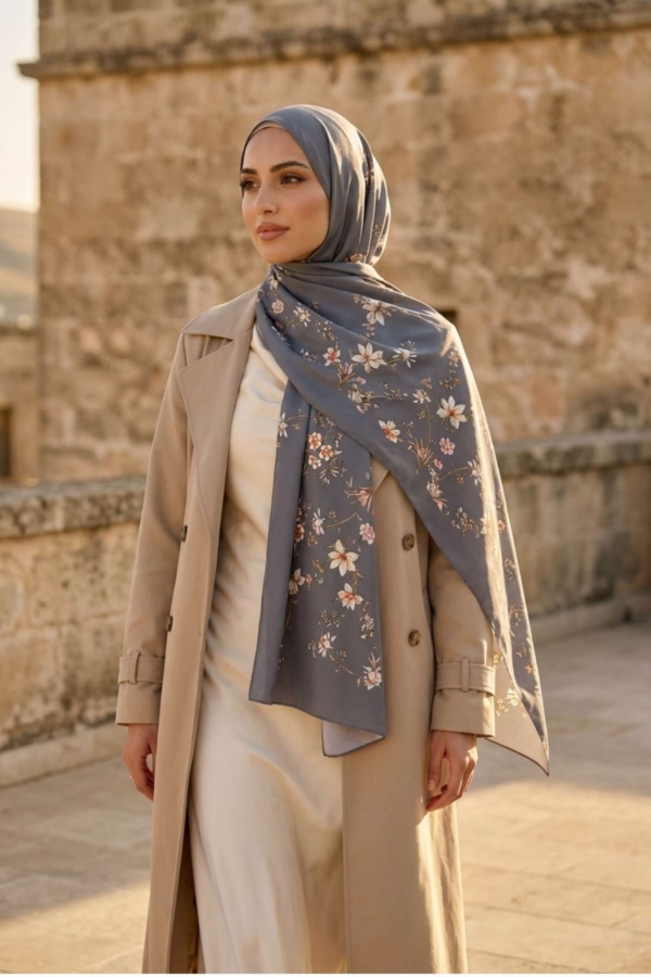 Mimelif İpek Sakura Desenli Şal Gri