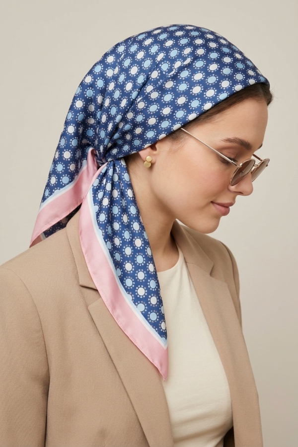 Mimelif Puantiye Desenli Lacivert Twill Eşarp