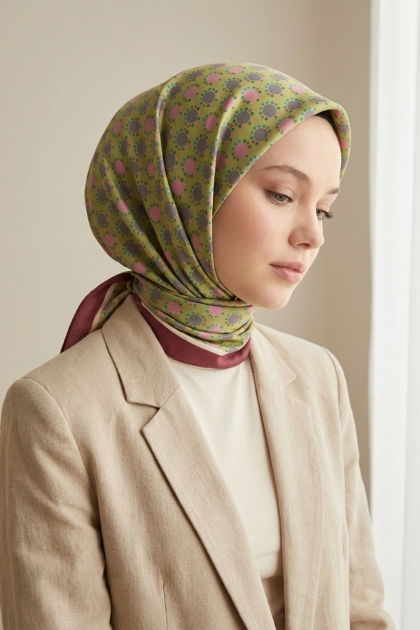 Mimelif Puantiye Desenli Yeşik Twill Eşarp