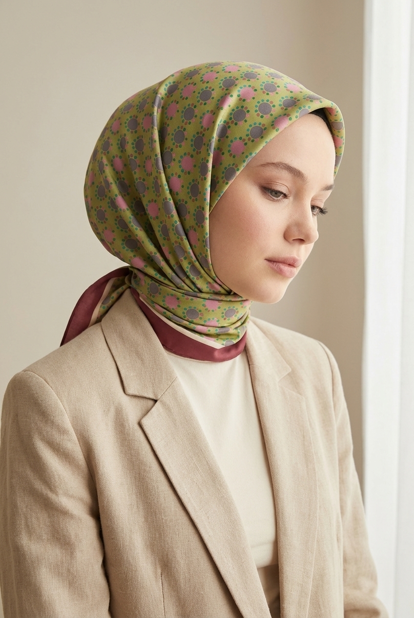 Mimelif Puantiye Desenli Yeşik Twill Eşarp