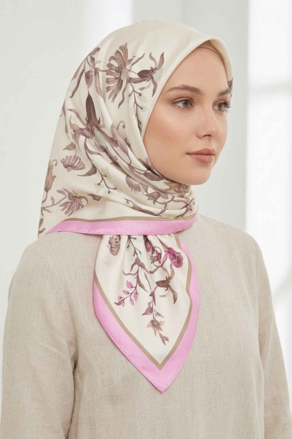 Mimelif Vera Desenli Pembe Twill Eşarp