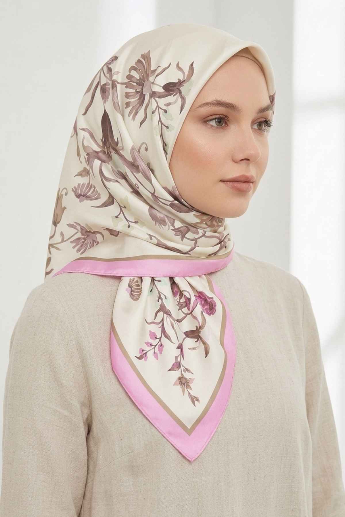 Mimelif Vera Desenli Pembe Twill Eşarp