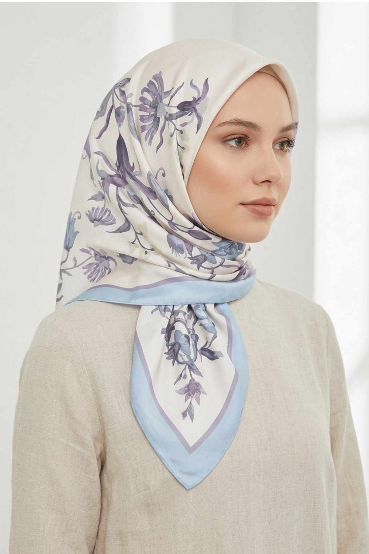 Mimelif Vera Desenli Mavi Twill Eşarp