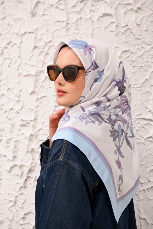 Mimelif Vera Desenli Mavi Twill Eşarp