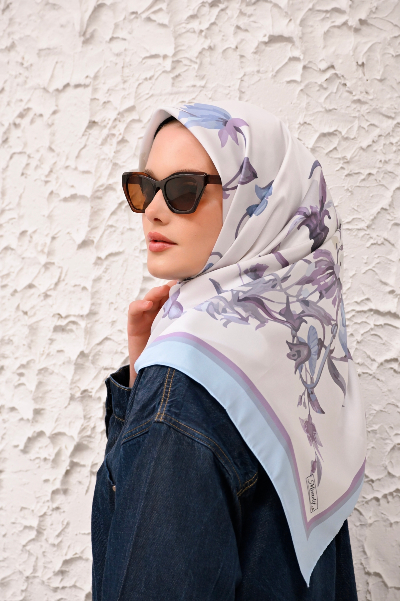 Mimelif Vera Desenli Mavi Twill Eşarp
